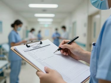 Close observational shot of a nurse's hands reviewing a patient chart on a clipboard in a hospital ward, fluorescent corridor light, other staff blurred in background, tight documentary framing