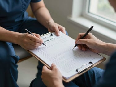 Close observational frame, a carer's hands completing a patient intake form on a clipboard, soft daylight from a window to the right, institutional floor visible below, no faces, quiet and focused