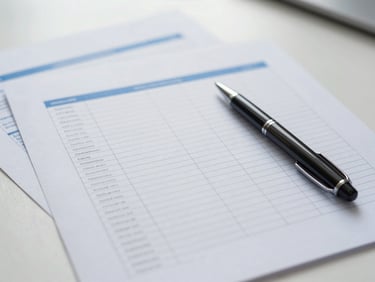 A clean flat-lay of structured financial documents, a professional pen resting on a neat spreadsheet, soft natural overcast daylight, 35mm