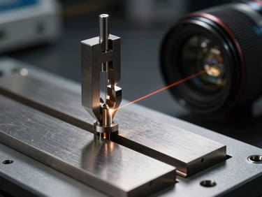 Macro photography of a clean-room calibration setup, high-contrast studio lighting on steel physical tolerances, laser alignment beam visible