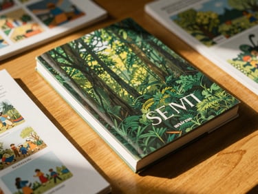 Close-up of physical published books and educational materials on a wooden table, warm amber-yellow light, structured geometric shadows, 35mm