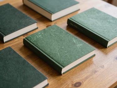 A clean flat-lay composition of physical books on a wooden table, soft natural daylight, warm amber and forest green accents, shallow depth of field