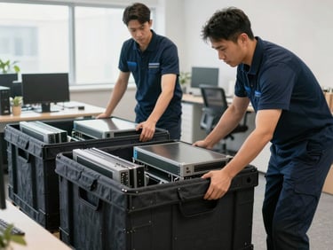 Professional movers in clean navy uniforms carefully packing computer monitors into specialized padded crates inside a bright office.