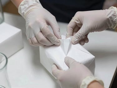 Delicate glassware being wrapped in premium climate-conscious white packing paper by hands wearing clean white protective gloves.