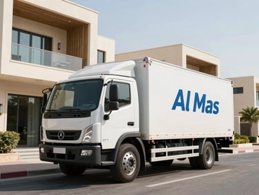 A clean, branded Al Mas Movers truck parked outside a modern Khalifa City villa under bright, natural Abu Dhabi daylight.