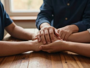 Warm window light illuminating a wooden table, hands of a family holding hands gently, close-up, warm editorial photography, rich deep indigo and terracotta tones, shallow depth of field, 35mm.