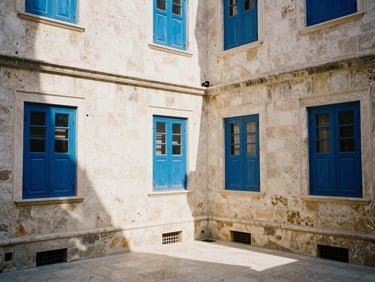 Warm editorial photo of the beautifully restored stone courtyard of Gaziantep Mavim Otel, sun-dappled light on clean basalt walls, vibrant blue shutters, 35mm.