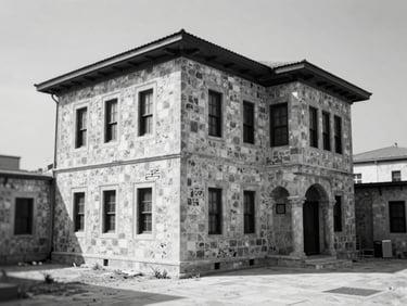 Archival black and white photo of a historic stone mansion in Gaziantep, showing the weathered facade and original courtyard structure before restoration, soft vintage texture.