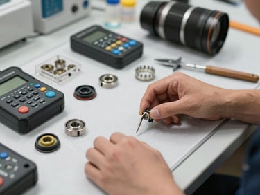 Close-up of a professional technician neatly organizing certified spare parts and diagnostic equipment on a clean protective work mat inside a home