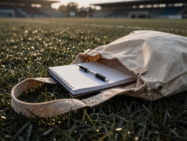 Macro shot of a rugged canvas tote bag, partially open to reveal a notebook and pen, on a rain-slicked field, moody golden hour lighting, authentic grain.