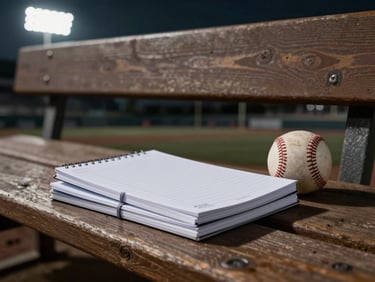 Stack of three minimalist notebooks with grid lines and subtle branding, next to a vintage baseball, on a wooden dugout bench, dramatic stadium lighting, high-contrast desaturated tones.
