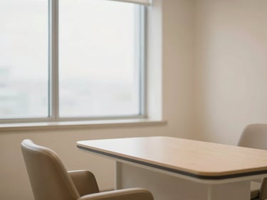 A clean, high-tech consultation room in a modern medical center, soft window light, warm neutral tones, professional and comforting atmosphere