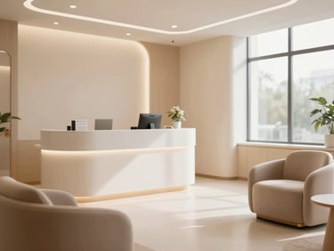 A modern, warm-toned clinic lobby with elegant minimalist design, soft lighting, comfortable armchairs, professional medical reception, premium editorial style