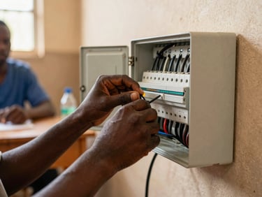Close-up of hands wiring an electrical panel in a bright classroom setting in Senegal, warm natural daylight.