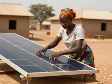 Une jeune femme concentrée ajuste les composants d'un panneau solaire photovoltaïque installé sur un toit sous le soleil de Kolda.