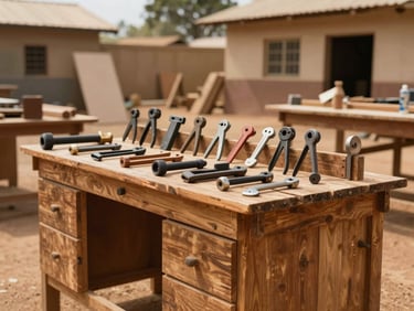Grand atelier technique propre et lumineux à Kolda, outils de menuiserie et de mécanique soigneusement alignés sur des établis en bois massif, arrière-plan flou montrant des structures en cours d'assemblage.