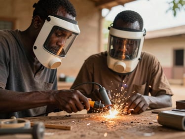 Gros plan sur un outil de soudure électrique projetant des étincelles dorées, manié avec précision par un apprenti portant un masque de protection.