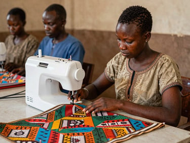 Un atelier de couture lumineux où une apprentie guide un tissu traditionnel coloré sous l'aiguille d'une machine à coudre moderne.