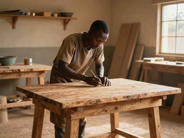 An artisan carefully working on a solid wood table in a sunlit carpentry workshop in Kolda, warm earth tones.