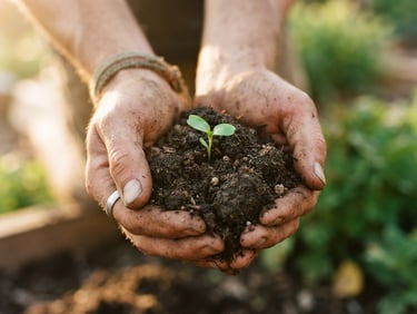 Hands holding rich dark soil with a small green sprout, soft morning golden hour light, organic textures, cinematic 35mm film grain