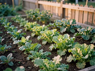 An organic community garden with rows of leafy vegetables, a wooden fence, soft golden hour light, tactile textures
