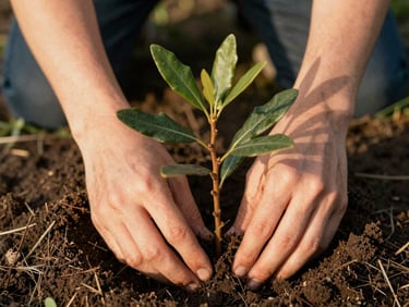 Hands of a volunteer planting a young holm oak sapling in dark fertile soil, close up, warm morning light, tactile texture