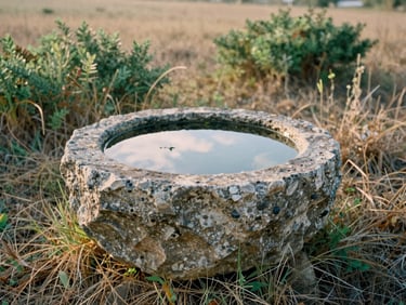 A rustic stone water basin in a rural field, reflecting a clear sky, surrounded by dry grass and green shrubs, morning light