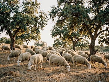 A flock of sheep grazing on a dry hillside under cork oak trees, preventive fire management, warm afternoon light
