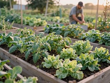 A vibrant community vegetable garden with raised beds, tomatoes and leafy greens growing, a local farmer working in the background, soft natural light