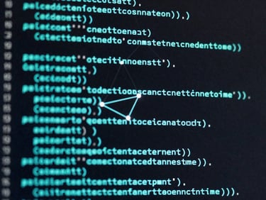 Macro close-up of a dark computer screen displaying glowing cyan code lines, semantic vector nodes connecting in a network, high contrast, 35mm