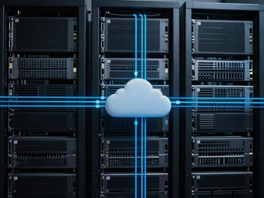 Conceptual representation of data flow between a legacy server rack and a modern cloud interface, electric blue lines, dark moody tech environment, 35mm