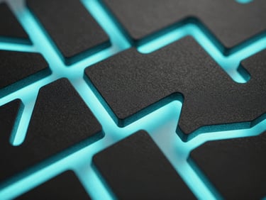 Abstract technical diagram of secure data encryption, interlocking geometric shapes, sharp cyan backlighting, high contrast, 35mm