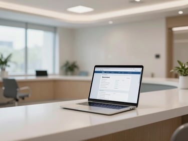 Wide shot of a modern medical clinic reception desk with a laptop showing a clean appointment-booking website, bright overhead daylight, minimal decor
