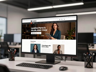Creative agency workspace with a widescreen monitor showing a high-contrast advertising campaign landing page, overhead studio lighting, clean minimal desk