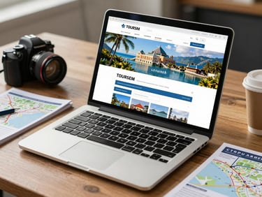 Laptop on a travel agency desk showing a tourism website with destination photos and booking form, bright daylight, maps and brochures visible beside it
