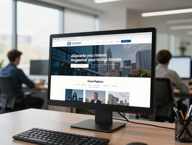 Open-plan office interior with a large monitor showing a corporate company profile website, natural daylight through wide windows, employees working in background