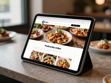 Close-up of a restaurant counter with a tablet displaying a polished food-ordering website, natural daylight from a side window, dishes visible in background