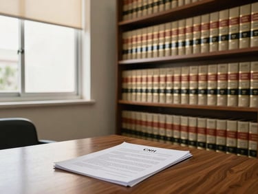Brazilian law office interior, wide shot from the side, a neat bookshelf of legal volumes on the right third, a wooden desk with a CNH document and printed appeal papers under warm natural window light, no people present, clean and authoritative atmosphere