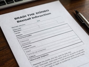 Extreme close-up of a Brazilian traffic infraction notice document on a desk, pen resting beside it, natural daylight, sharp document edges visible