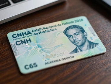 Close-up of a Brazilian CNH (carteira nacional de habilitação) document lying on a dark wood desk, natural office light, sharp focus on the card surface