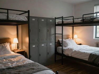 Spacious double sharing coliving room near Airport Road, showing two neat beds, study lamps, and personal storage lockers.