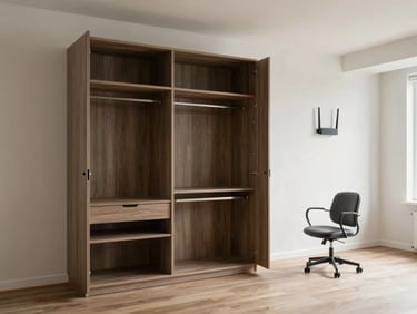 A spacious single room with a modern wardrobe, study chair, high-speed router visible on the wall, and bright natural lighting.