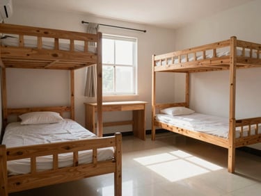 Real unedited photo of a spacious double-sharing PG room with natural light, featuring two wooden beds, study desks, and clean tiled flooring.