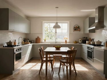 Wide panoramic view of a clean, fully equipped shared kitchen and dining space with natural light streaming through a large window.