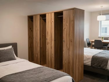A modern triple sharing setup with comfortable beds, individual storage lockers, and a clean shared dining area in the background.