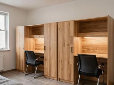 A clean, well-lit double-sharing PG room with modern wooden wardrobes, individual study chairs, and natural light, realistic wide-angle shot.