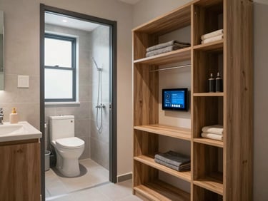 Bright, modern coliving studio room at Bagalur Cross with attached clean bathroom, natural ventilation, and smart storage.