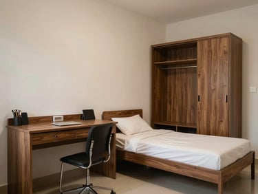 Clean, well-maintained single occupancy room in Yelahanka, featuring a study desk, comfortable single bed, and a wardrobe.