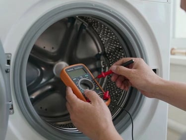 Close-up of a technician's hands testing the drum bearing of an open Samsung washing machine, multimeter probes visible, laundry room wall and pipes in background under natural window light