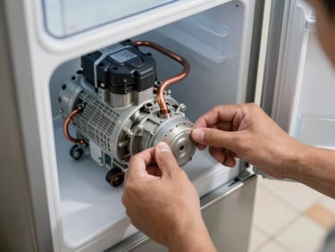 Extreme close-up of technician hands pulling open a Samsung refrigerator back panel, cool workshop light catching the compressor and copper tubing, kitchen floor tiles visible below